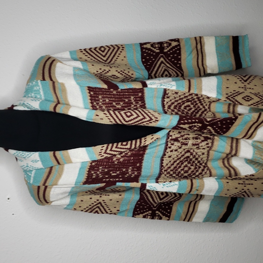 Love Cotton Knit Southwestern Asymmetric Long Line Open Front Cardigan Size M/L - Picture 4 of 14